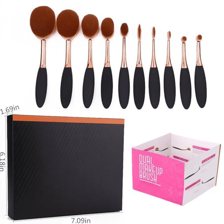 10 Piece Oval Makeup Brush Set for Foundation Contour and Blending