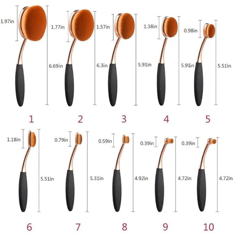 10 Piece Oval Makeup Brush Set for Foundation Contour and Blending