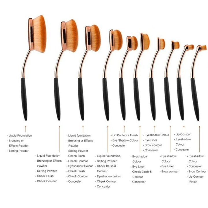 10 Piece Oval Makeup Brush Set for Foundation Contour and Blending