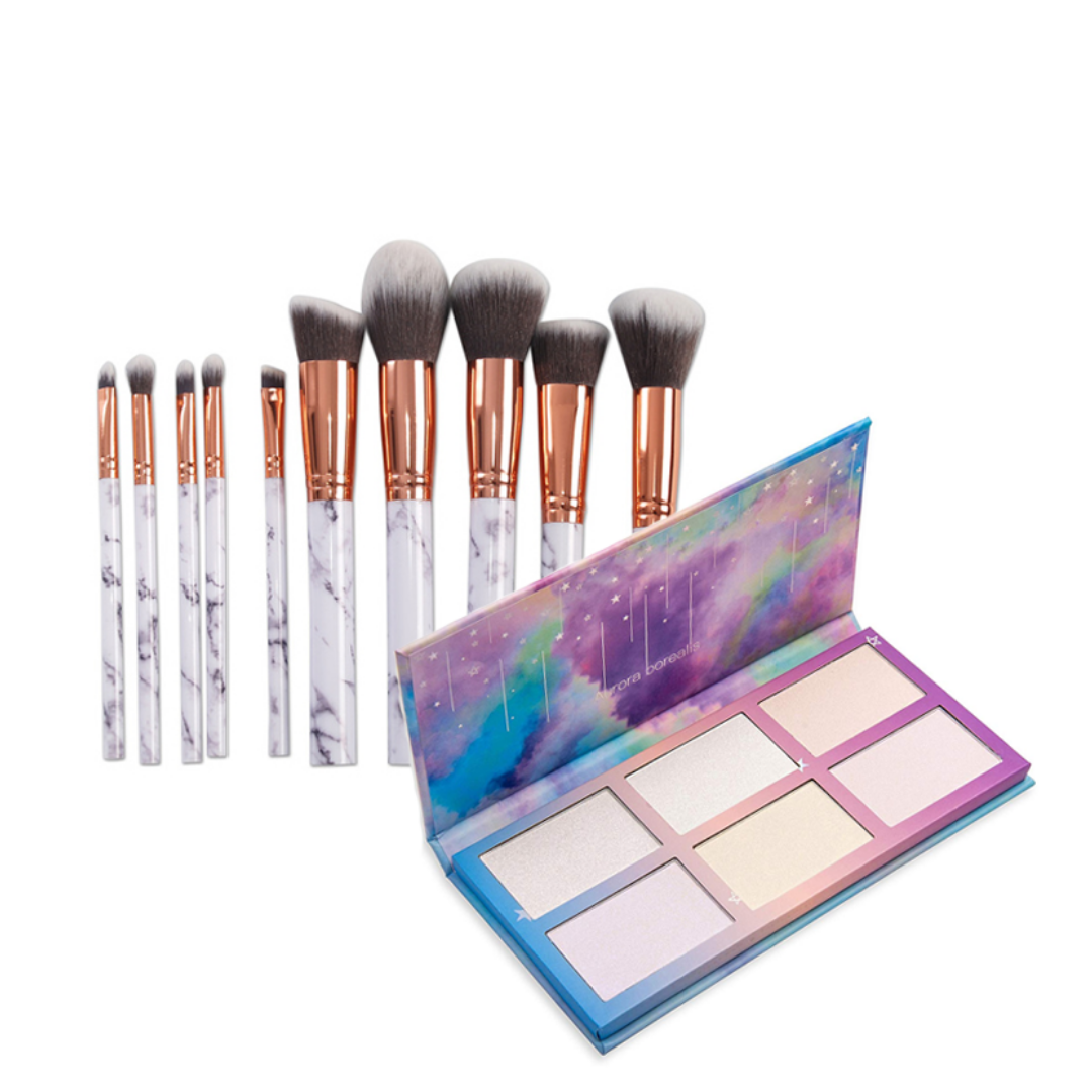 10 Piece Marble Brush Set Highlight Palette - Makeup Application