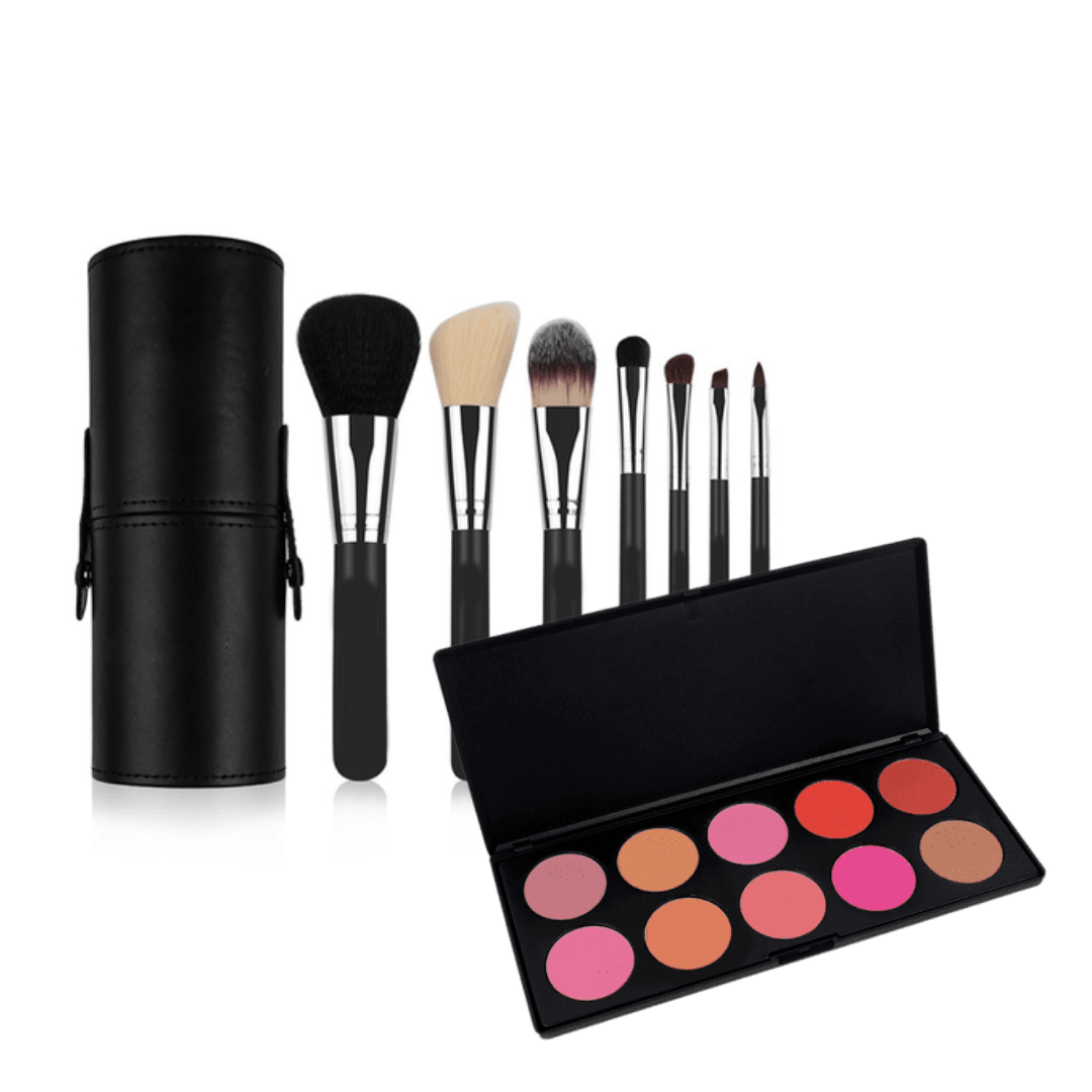 7 Piece Makeup Brush Set - 10 Color Blush Palette Bundle