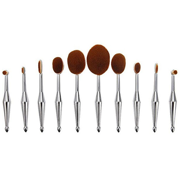 10 Piece Metallic Silver Oval Brush Set