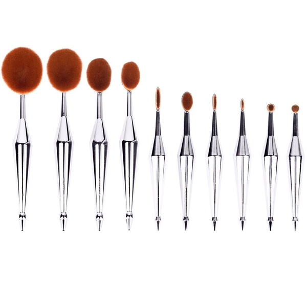 10 Piece Metallic Silver Oval Brush Set